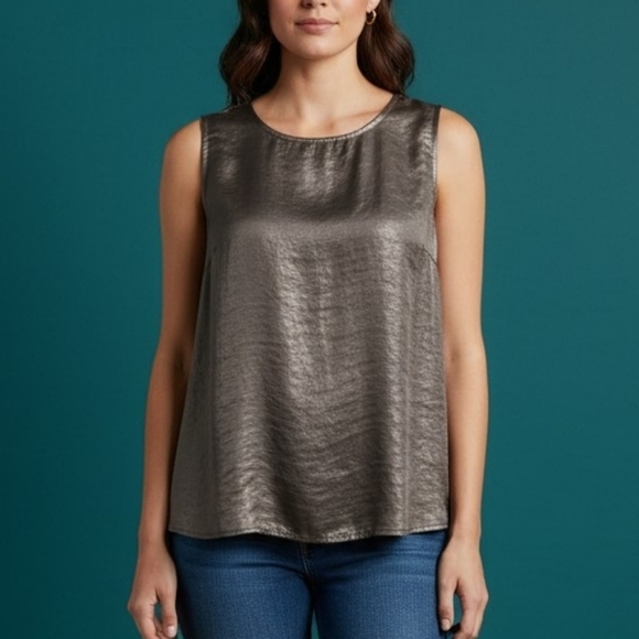 Erena Tops - VTG ERENA Gunmetal Silver Metallic Sleeveless Satin Shell Blouse